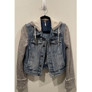FREE PEOPLE Knit Sweatshirt Hooded Denim Jacket